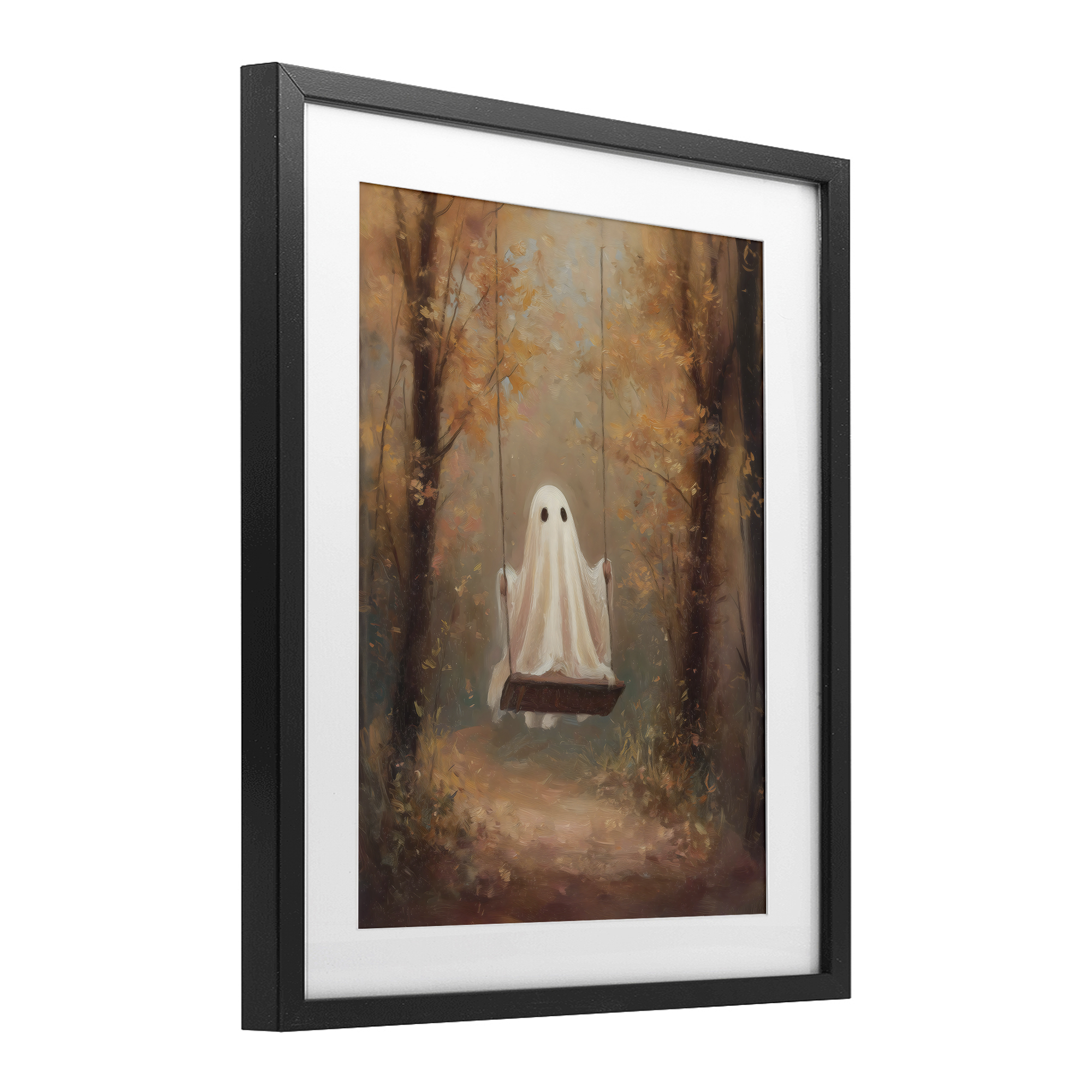 Eerie Swinging Ghost Black Framed Print Under Glass, design by Arlington Prints