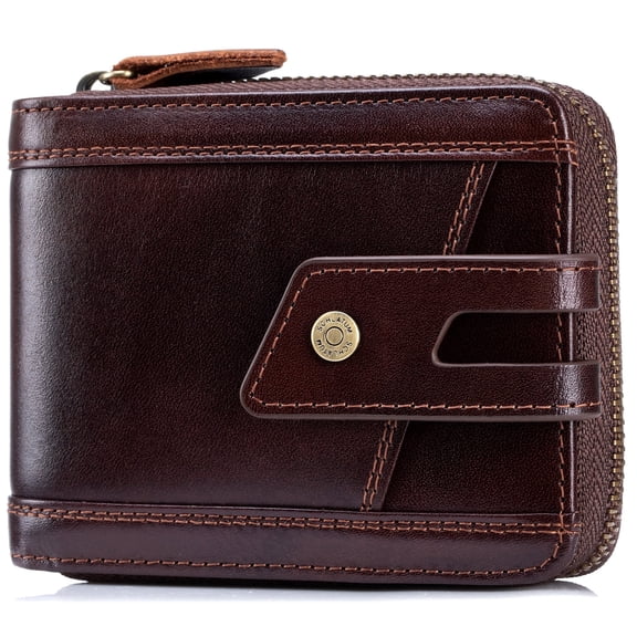 SCHLATUM Genuine Leather Wallets for Men with Zipper RFID Blocking Large Capacity Retro Mens Wallet, Brown