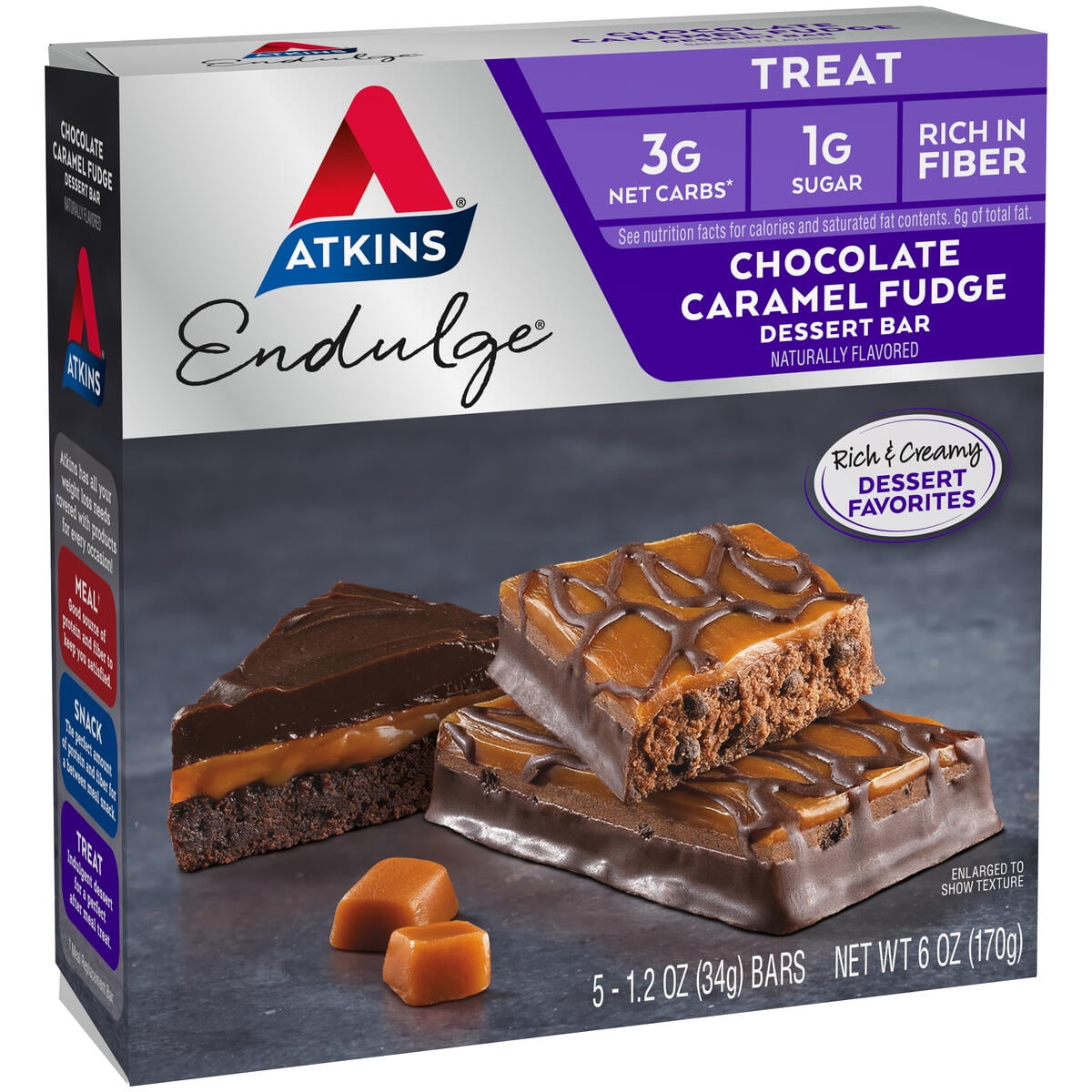 Atkins Endulge Treat, Chocolate Caramel Fudge Dessert Bar, Keto Friendly, 5 Count