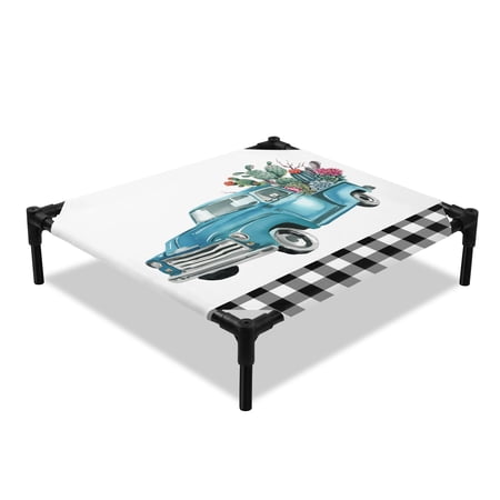 Farmhouse Elevated Dog Bed Summer Car with Cactus Succulents Country Black Plaid Cooling Breathable Outdoor Raised Dog Cot Bed with Metal Frame Non-Slip Feet for Small Dog 20x20in