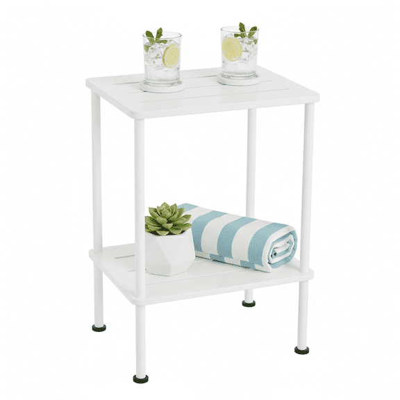 Bamboo Adirondack Square Outdoor Side Table, Bamboo 2-Tier Storage Patio Side Table, 16" Outdoor End Tables, Weather Resistant End Table for Backyard Pool Porch Patio Garden Lawn Beach - White