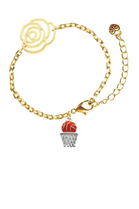 Silvertone Basketball - Over Hoop Gold-tone Flower Link Chain Bracelet, 6.75"+2" Extender