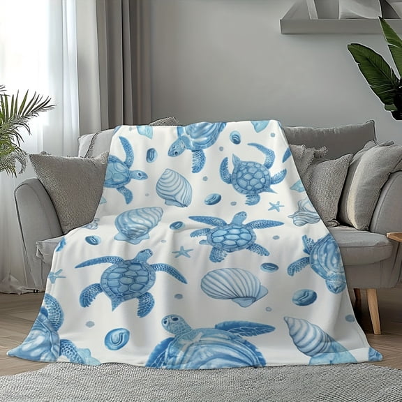 1pc Cozy Oceanic Turtlescape Printed Throw Blanket Plush Throw Blanket for Bed Couch Office Sofa and Travel Ideal All Season Multi Purpose Gift