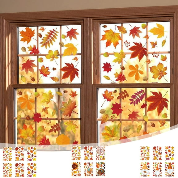 Viflosae Window Clings for Glass Windows Thanksgiving Maple Leaf Window Sticker Set 6PCS Turkey Decorative Fall Pumpkin Glass Clings Removable for Christmas, Halloween, and Holiday Decorations