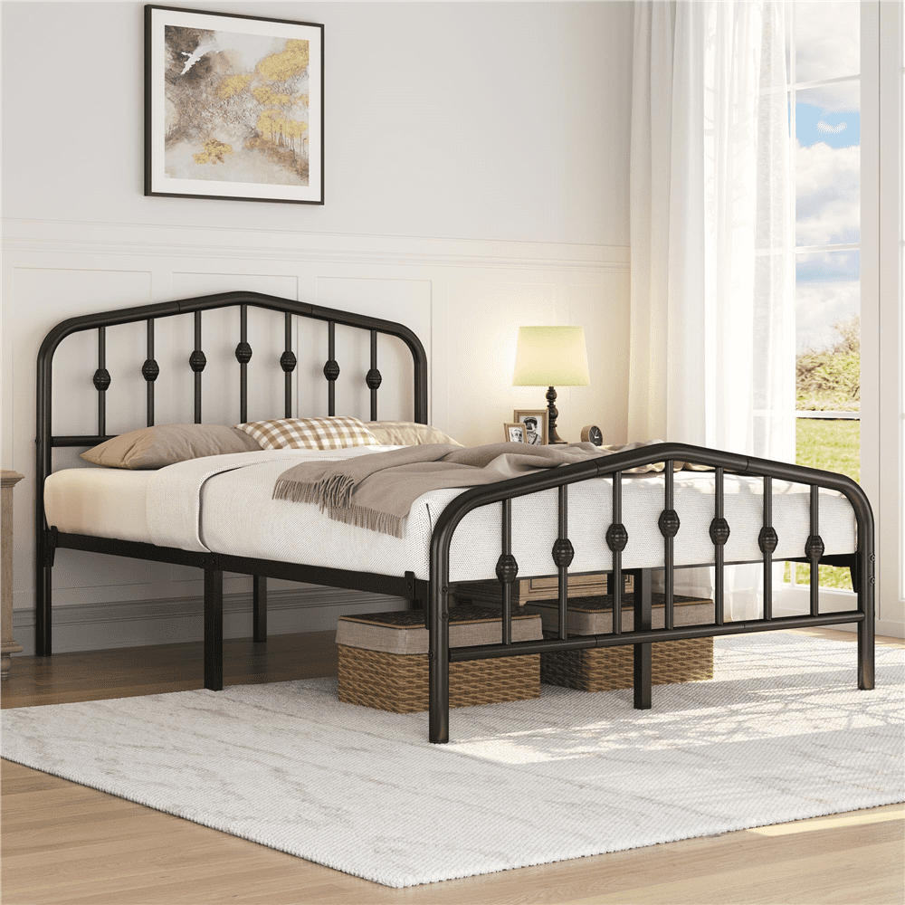 Fullfurnique Metal Bed Frame with Heavy Duty Slat Support and Arched Headboard and Footboard, Full, Black