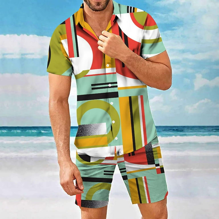 Mens Floral Hawaiian Shirt and Shorts Set Casual Summer Beach