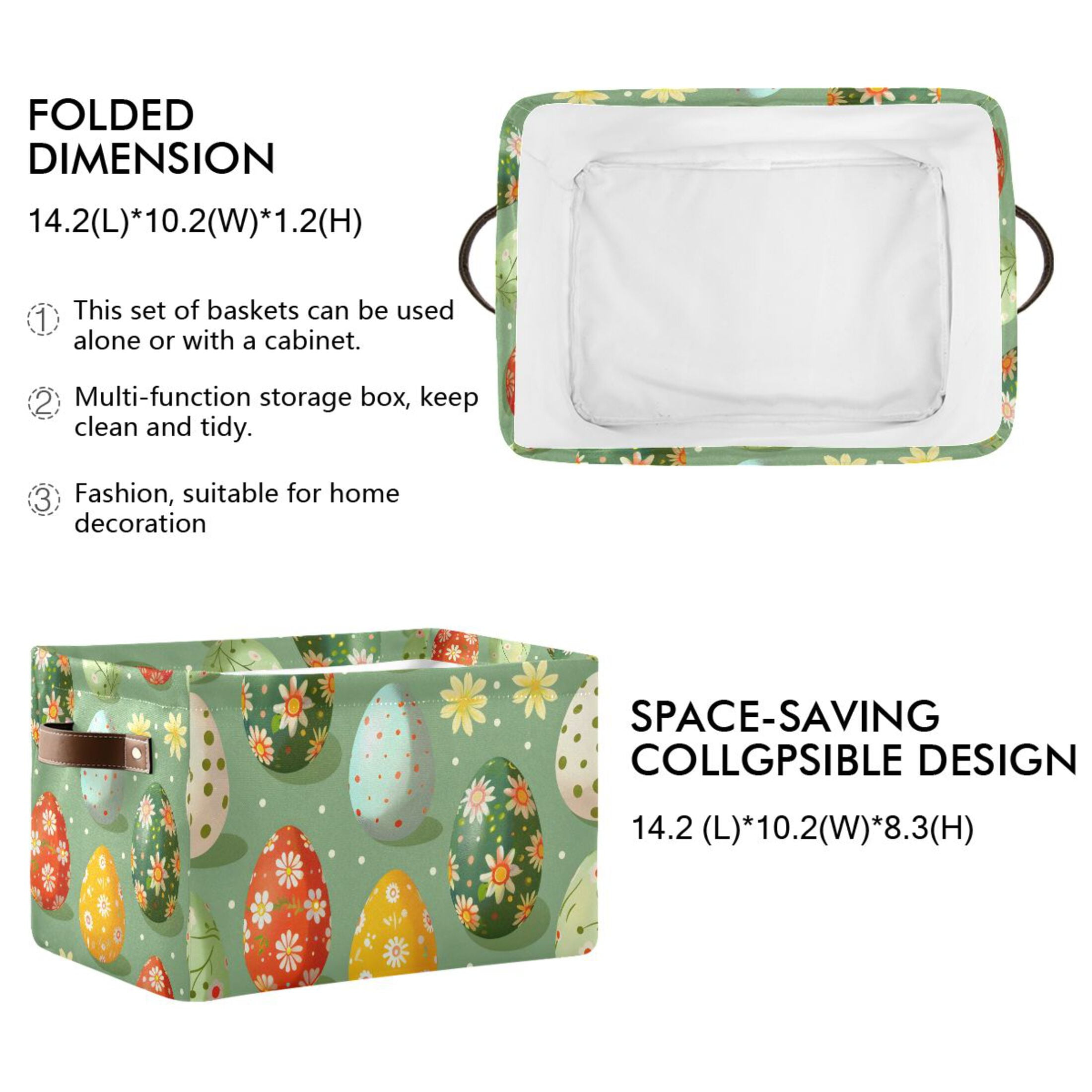 Ryvnso Easter Eggs Floral Storage Basket Large Bin Foldable Boxes Toys Organizer 14.2x10.2x8.3in 2 PCs