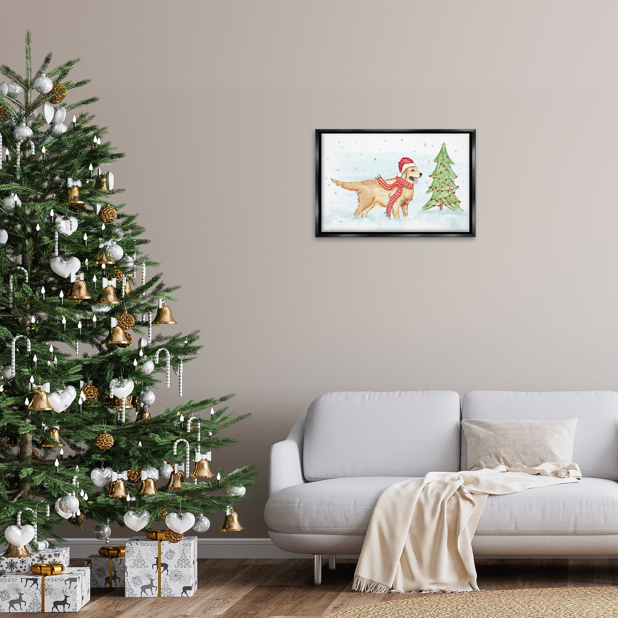 Stupell Industries Snowy Labrador Scene Holiday Painting Black Floater Framed Canvas Art Prints Wall Art, 25 x 17