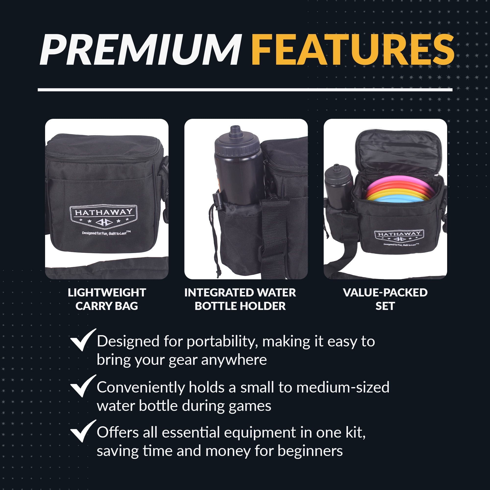 Hathaway Disc Golf Starter Set with Bag – 8.25” Frisbee Golf Discs Set with PVC Carrying Bag for Basic Disc Golf Accessories - Three Drivers, Two Mid-Range & One Approach/Putter Disc Golf Set