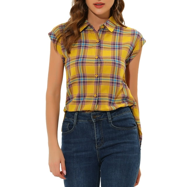 INSPIRE CHIC Chemise à Carreaux pour Femme à Col Pointu, Manches Courtes à Cap, Boutonnée, Jaune, TP