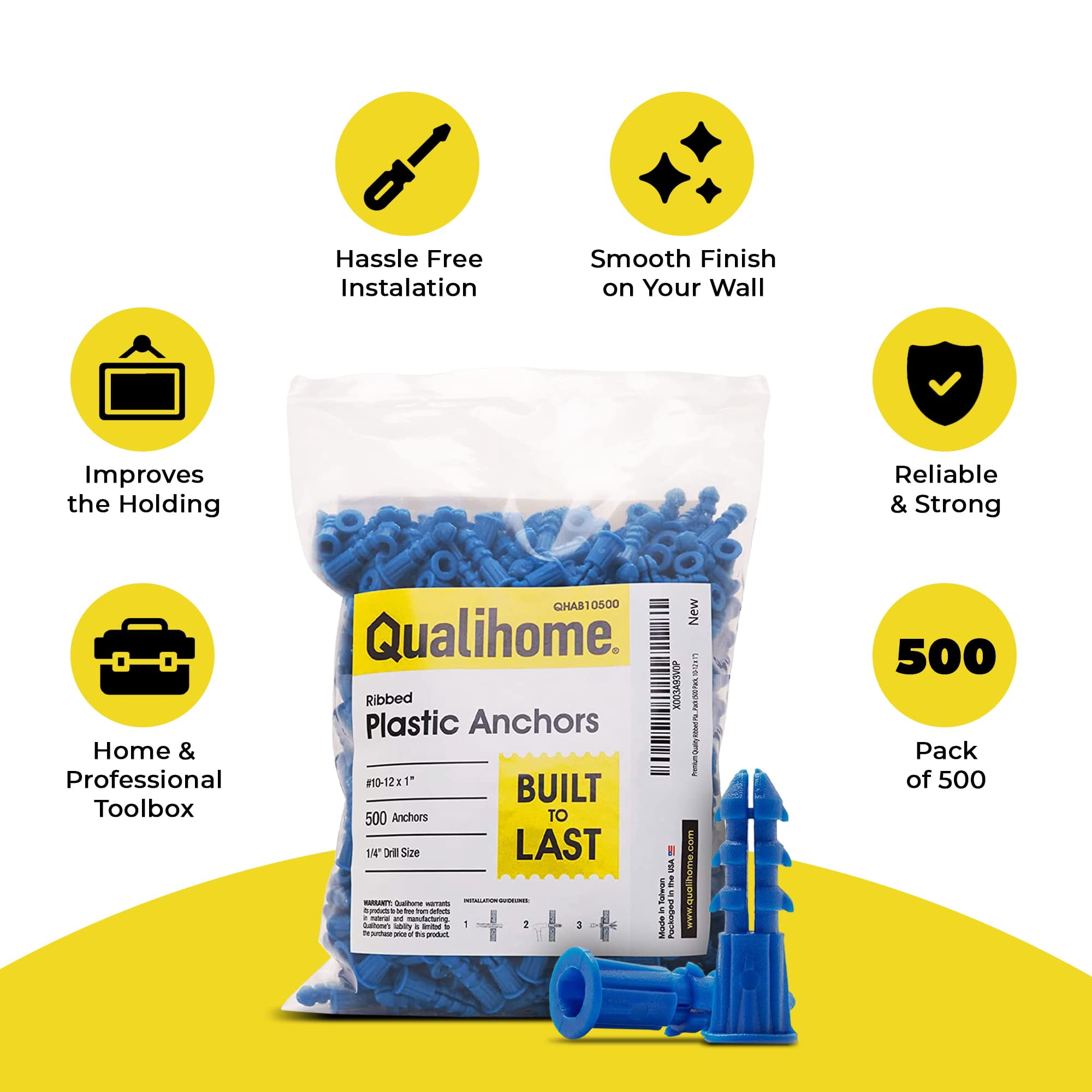 Plastic Drywall Anchors - Wall Anchors for Drywall - Plastic Screw Anchors for Secure Fastening (Bulk Pack, #10-12 x 1)