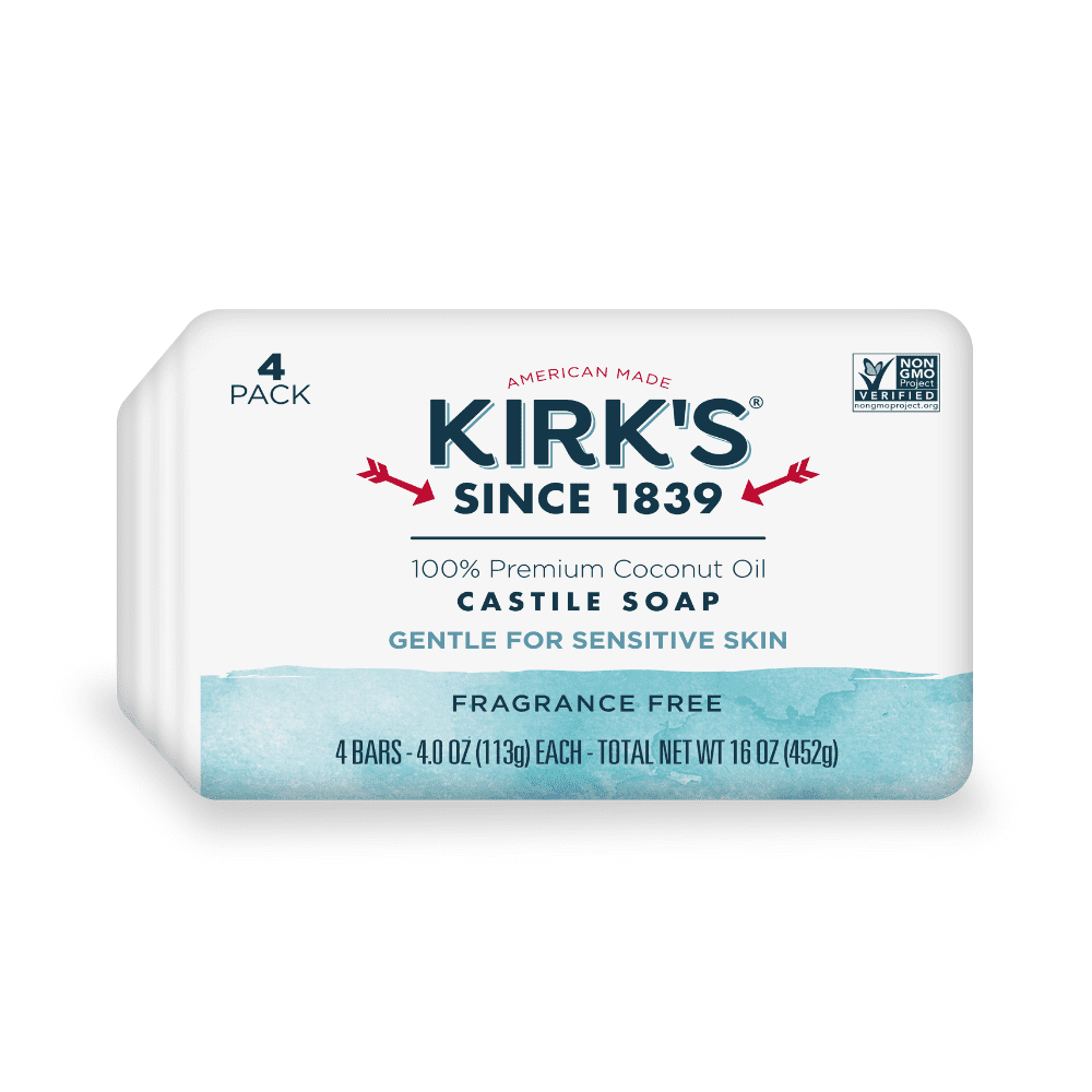 Kirk's Castile Bar Soap - Made With Premium Coconut Oil, Fragrance Free, 4 oz. Bars, 4 Pack