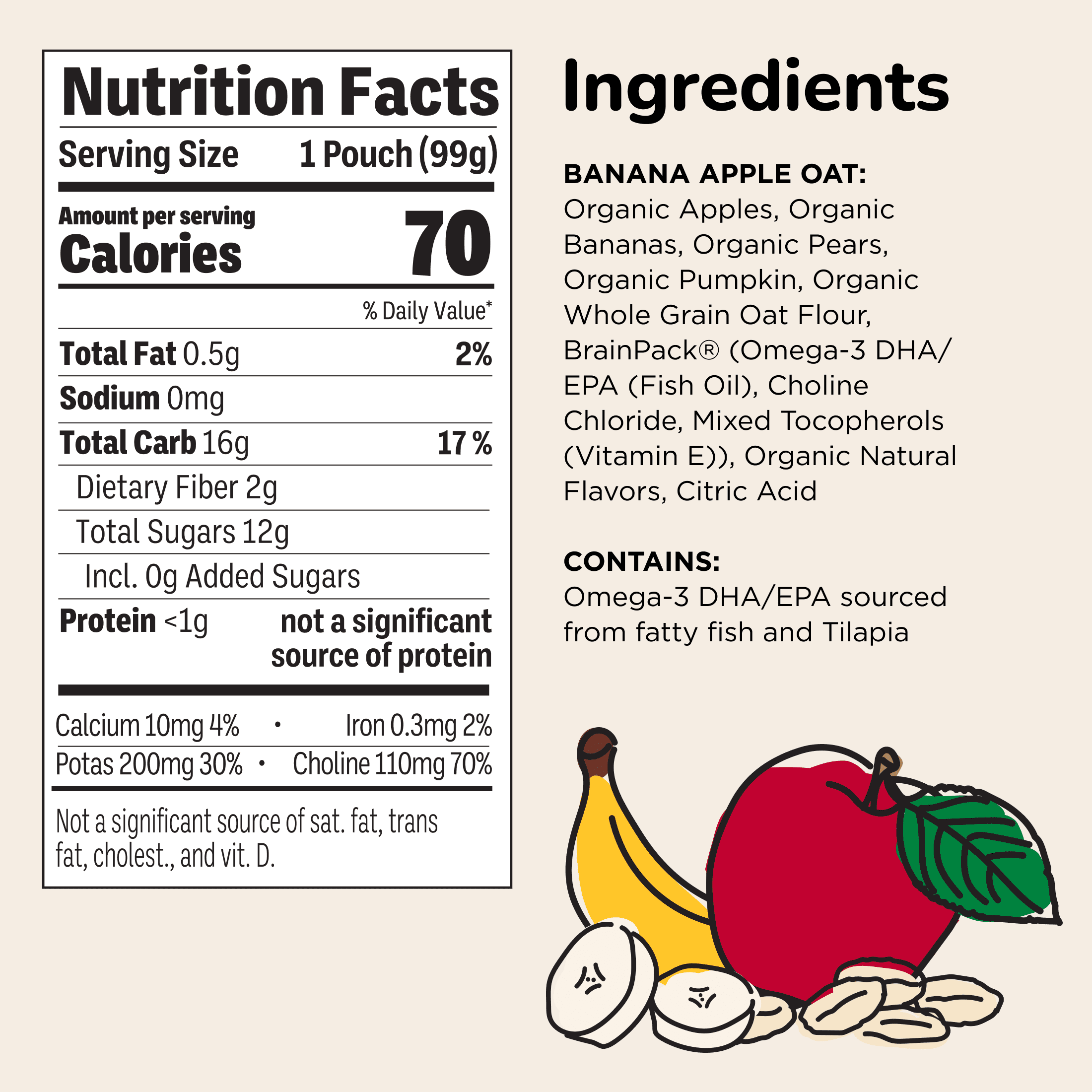 (12 pack) Little Brainiac Organic Fruit & Oat Toddler Food with BrainPack, Banana Apple Oat, 3.5oz