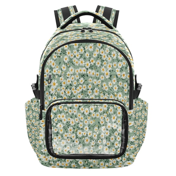 Qxltty Chic Green White Daisy Backpack School Bookbag with Clear PVC Front Pocket, Laptop Compartment, Water Resistant Travel Daypack for Students