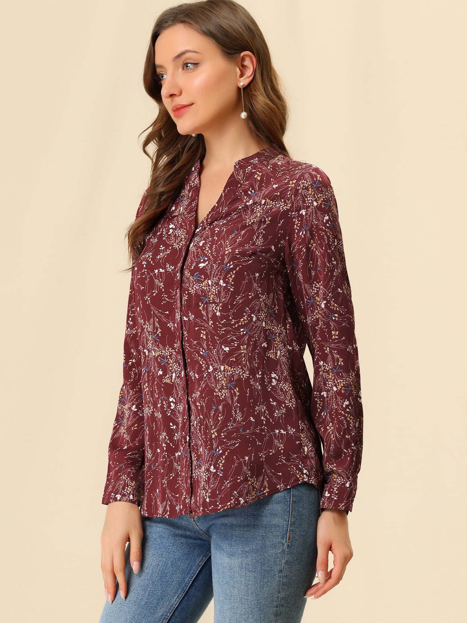 DARING DIVA Women's V Neck Tunic Top Button Up Blouse M Burgundy
