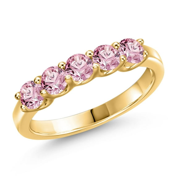 Gem Stone King 18K Yellow Gold Plated Silver Pink Lab Grown Diamond Wedding-Bands Ring for Women | 0.90 Cttw | Round 3.5MM | Gemstone April Birthstone | Size 7
