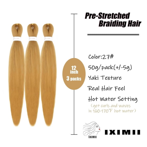 WEIF-Honey Blonde Braiding Hair Pre Stretched 12 inch 3 packs #27 Prestretched Braids Hair Straight Braids Soft Yaki Texture Synthetic Hair Extensions
