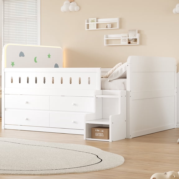 Euroco Wood Full Size Platform Bed with 4 Drawers and LED Light, Low Profile Kids Bed with Storage, White