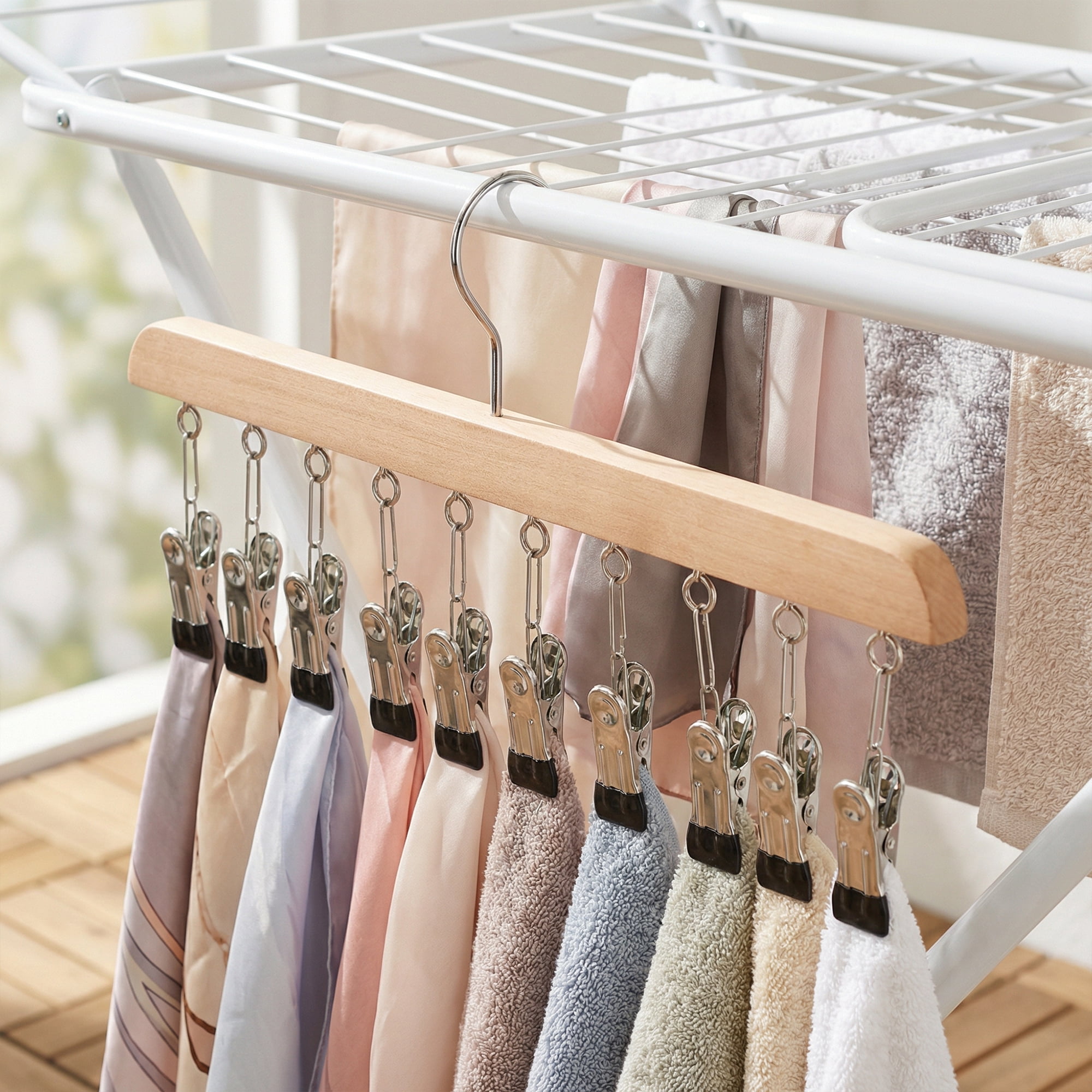 Unique Bargains 2Pcs Wood Minimalist Hangers With 10 Clips Natural