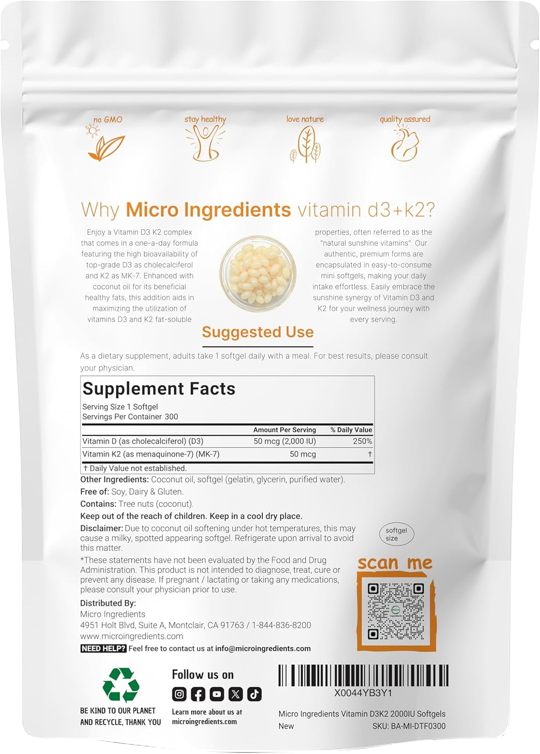 Micro Ingredients Vitamin D3 2,000 IU + K2 MK-7 50 mcg, 300 Virgin Coconut Oil Softgels | 2-in-1 Bone, Immune & Heart Support