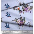 thumbnail image 2 of Soimoi Blue Silk Fabric Floral & Flowerpecker Bird Print Fabric by Yard 44 Inch Wide, 2 of 3