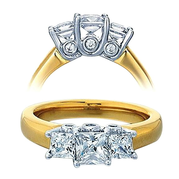 Diamond and Moissanite Engagement Ring 1.50 Carat Three Stone Princess Cut for Her in Sterling Silver with Yellow Gold Plating