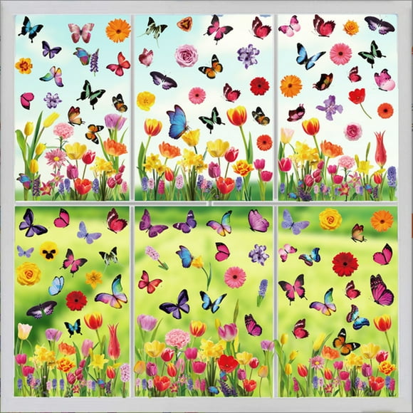 Yhmxh Home Decor, Room Decor, Wall Decor Spring Window's Tight Glass Window 9Sheets Flower Window Been For Glass Window Butterflies Easter Window Flower Window Stickers Window Stickers