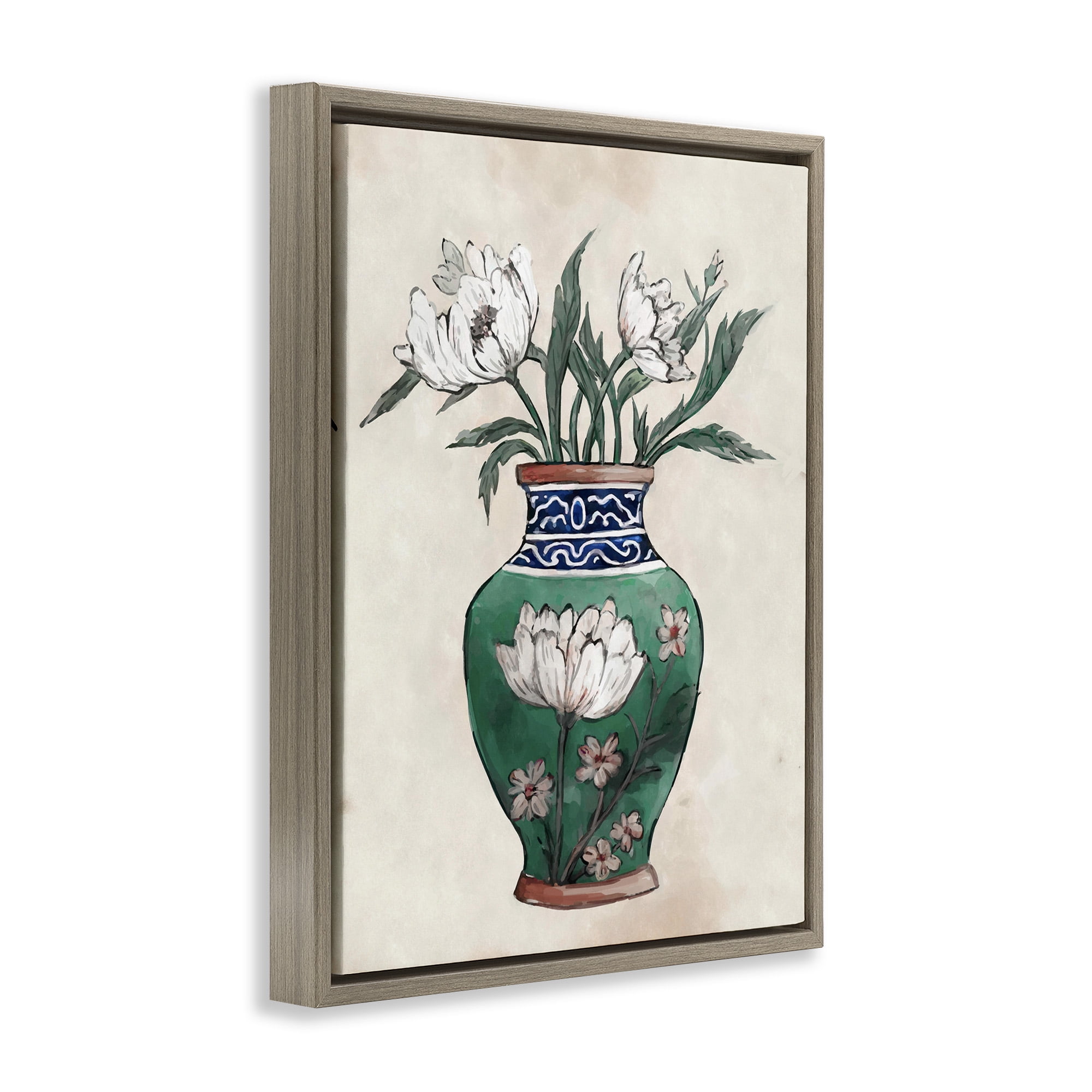 Stupell Industries Floral Oriental Vase Botanical & Floral Painting Brown Floater Framed Canvas Art Print Wall Art, 17 x 21