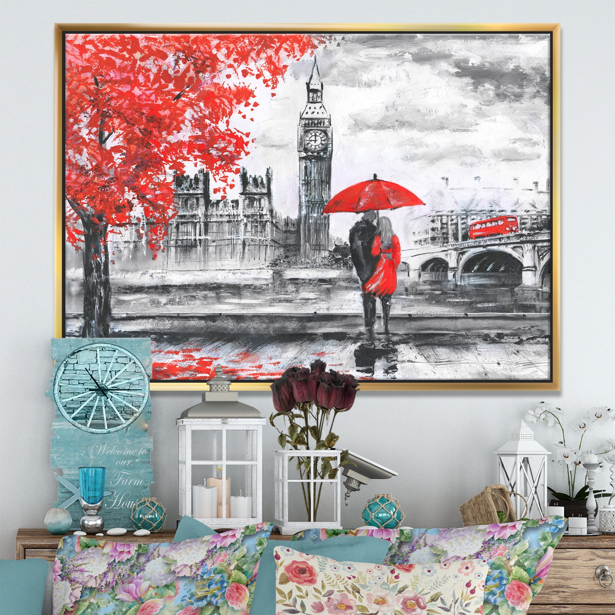Designart ' Couples Walking in London ' Landscape Framed Canvas Art Print