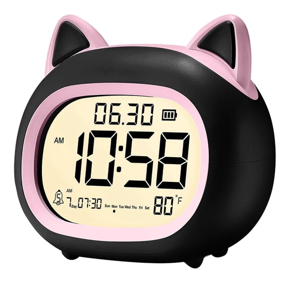 Cat Themed Bedroom Night Light Alarm Clock - Plastic Digital Clock, 1 Alarm, Black