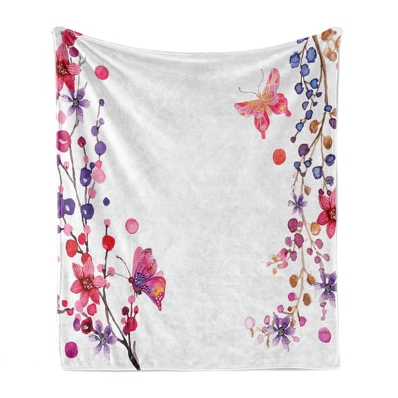 Butterfly Soft Flannel Fleece Throw Blanket, Floral Art with Butterfly Magic of Believing Hope Exotic Healing Power, Cozy Plush for Indoor and Outdoor Use, 70" x 90", Pink Purple White, by Ambesonne