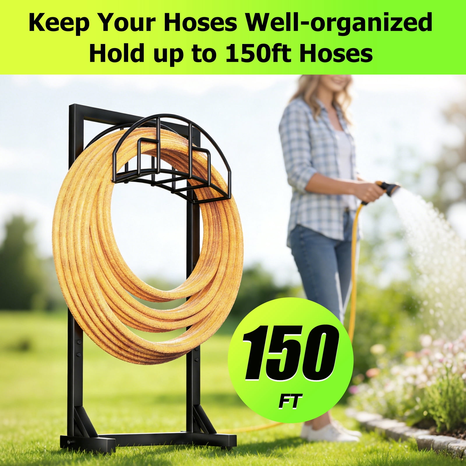 Garden Hose Holder, Super Stable Water Hose Holders Stand Holds 160-Feet Hose, Detachable Freestanding Hose Storage Hanger Rack for Outside Yard Lawn Farm, Black