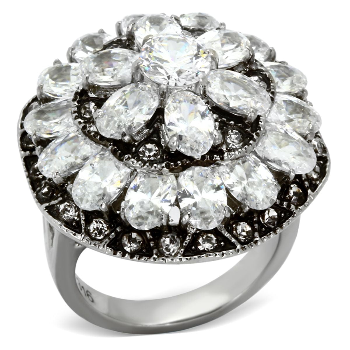 Stainless Steel Prong-Set Flower Comfort Fit Fancy Ring with Clear CZ Stainless Steel Prong-Set Flower Comfort Fit Fancy Ring with Clear CZ