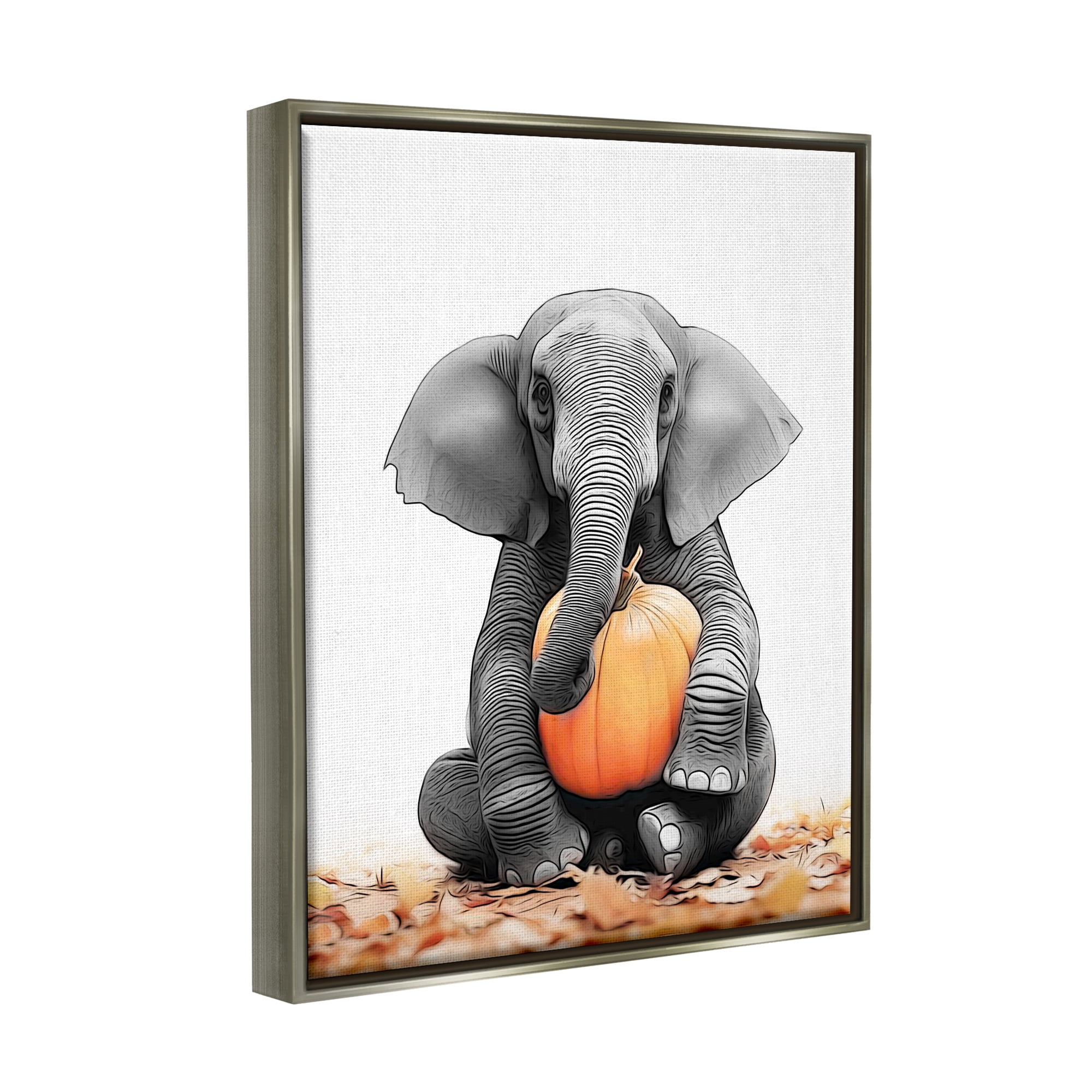 Stupell Industries Elephant in Autumn Leaves Holiday Painting Gray Floater Framed Canvas Art Print Wall Art, 17 x 21