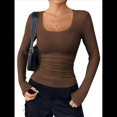 thumbnail image 2 of Camisas de Larga con Cuello Redondo para Mujer, Blusas Informales de Punto Acanalado de Corte Ajustado, Camisetas Básicas de Trabajo para Verano y Otoño. Marrón M, 2 of 9