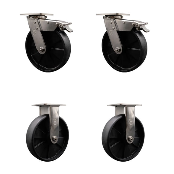 8 Inch 316SS Glass Filled Nylon Caster Set w/Delrin Bearing 2 Brakes 2 Rigid SCC