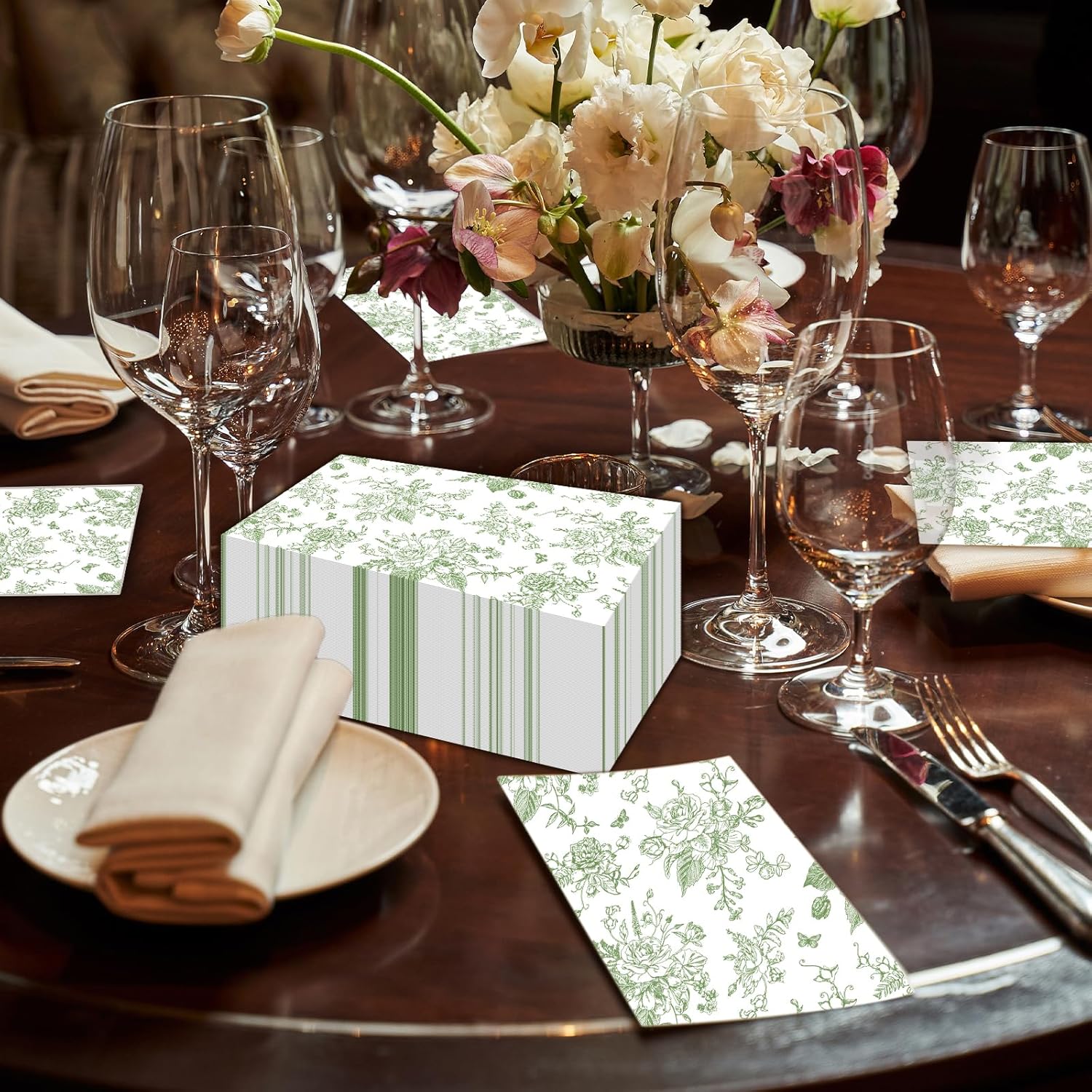 100 PCS Green Disposable Hand Towels, Decorative Flower Guest Napkins, 3 Ply Chinoiserie Green Floral Napkin Home Party Guest Bathroom Napkin Bridal Shower Wedding, Decorative Napkins