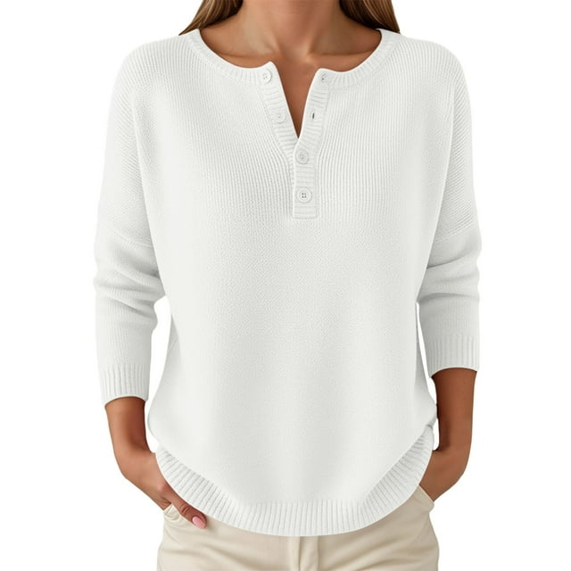 GPOECD Women's Knitted Button Front V-Neck Pullover Sweater for Plus Size and Womens Cardigan Sweaters White,M