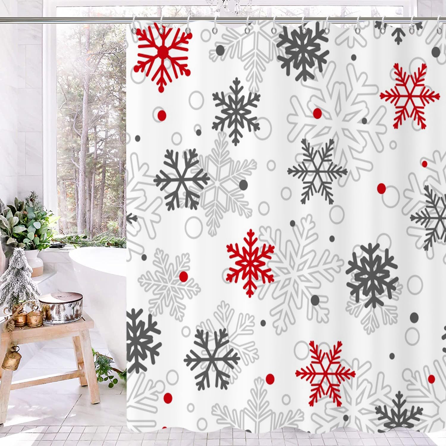 Christmas Shower Curtain, Red and Grey Xmas Snowflake White Background Winter New Year Holiday Bathroom Curtain Waterproof Fabric Machine Washable with Hooks, 72" Wx84 L