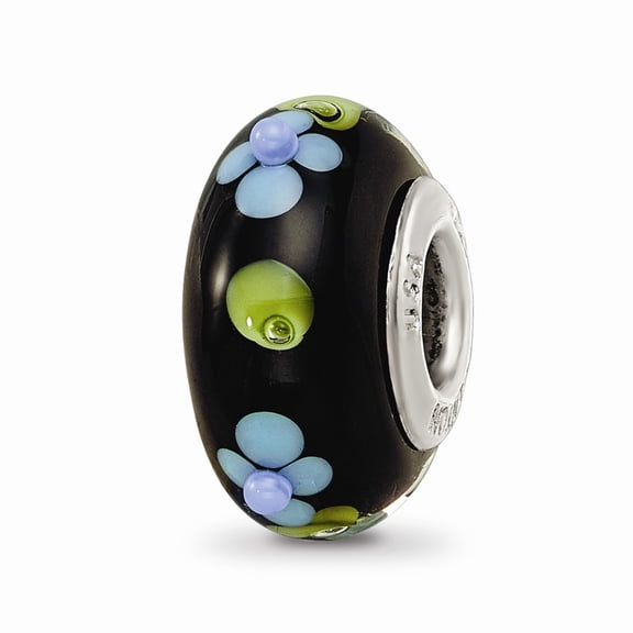 Fancy Bead White Sterling Silver Glass Sterling Silver Reflections Black Hand Painted Blue Floral Fenton Bead