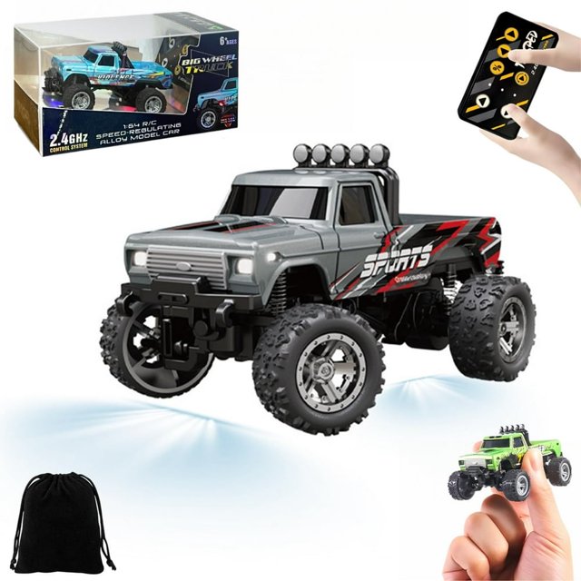 HAOAN Mini Rc Monster Truck 1/64 Scale Monster Truck Remote Control Car with Lights 2.4Ghz Remote Control Rechargeable Mini Monster Truck Rc Alloy Rc Semi Truck Speed Adjustable