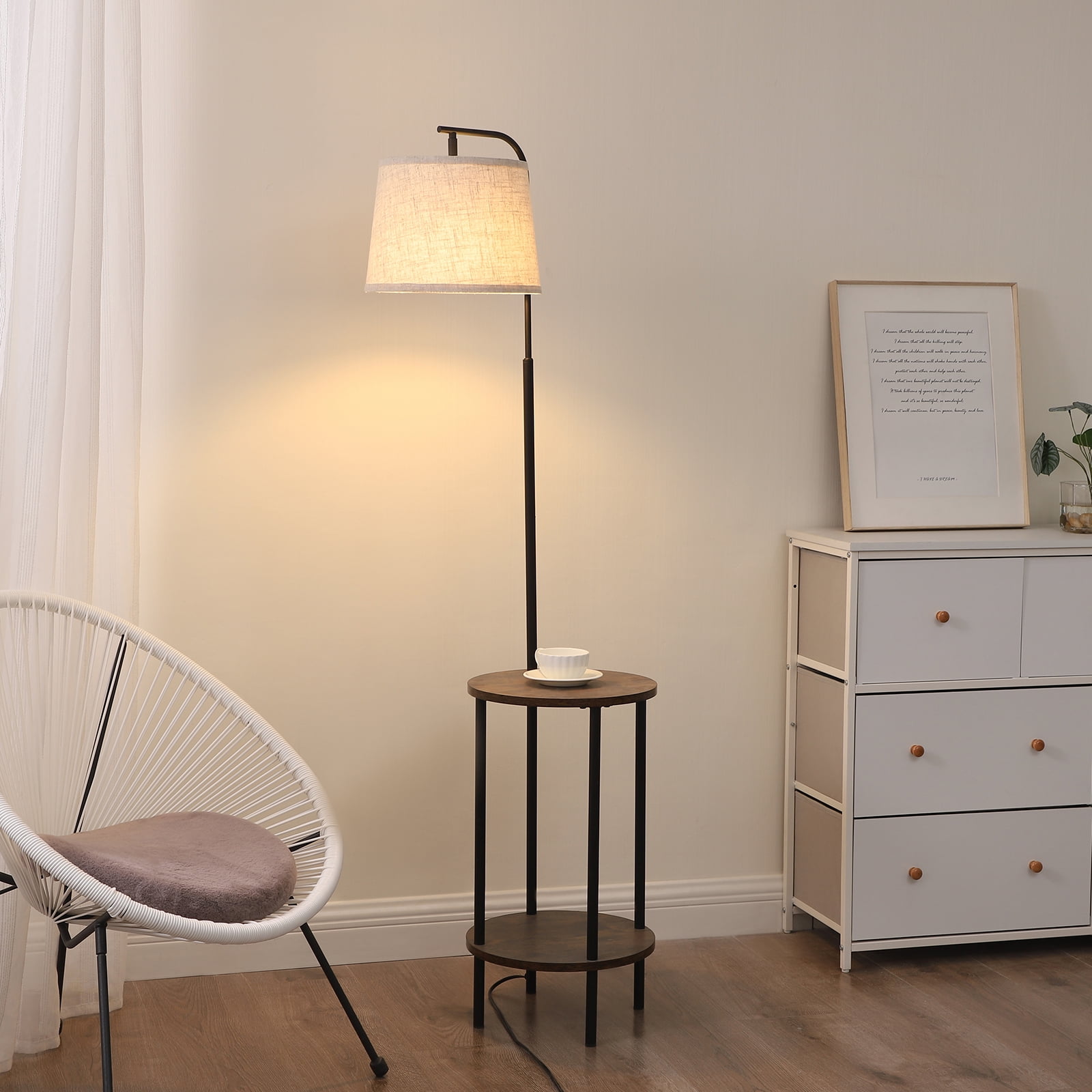 DEWENWILS Floor Lamp with Table for Living Room, 62in Rustic Farmhouse Wooden Floor Lamps, Attached End Table with Lamp for Bedroom, Office, Read Lighting, Home Decor, Brown