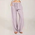 thumbnail image 4 of Mrat Women's Casual Linen Pants Drawstring Elastic Waist Cotton Loungewear Trousers with Pockets Wide Leg Pants S-72 Purple XL, 4 of 6