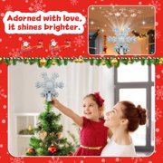 Christmas Tree Topper, Snowflake Tree Toppers Lighted Indoor with Rotating 3D Snowflake LED Projector, Hollow Glitter Lighted for Christmas Tree Decorations Holiday Ornaments, Sliver