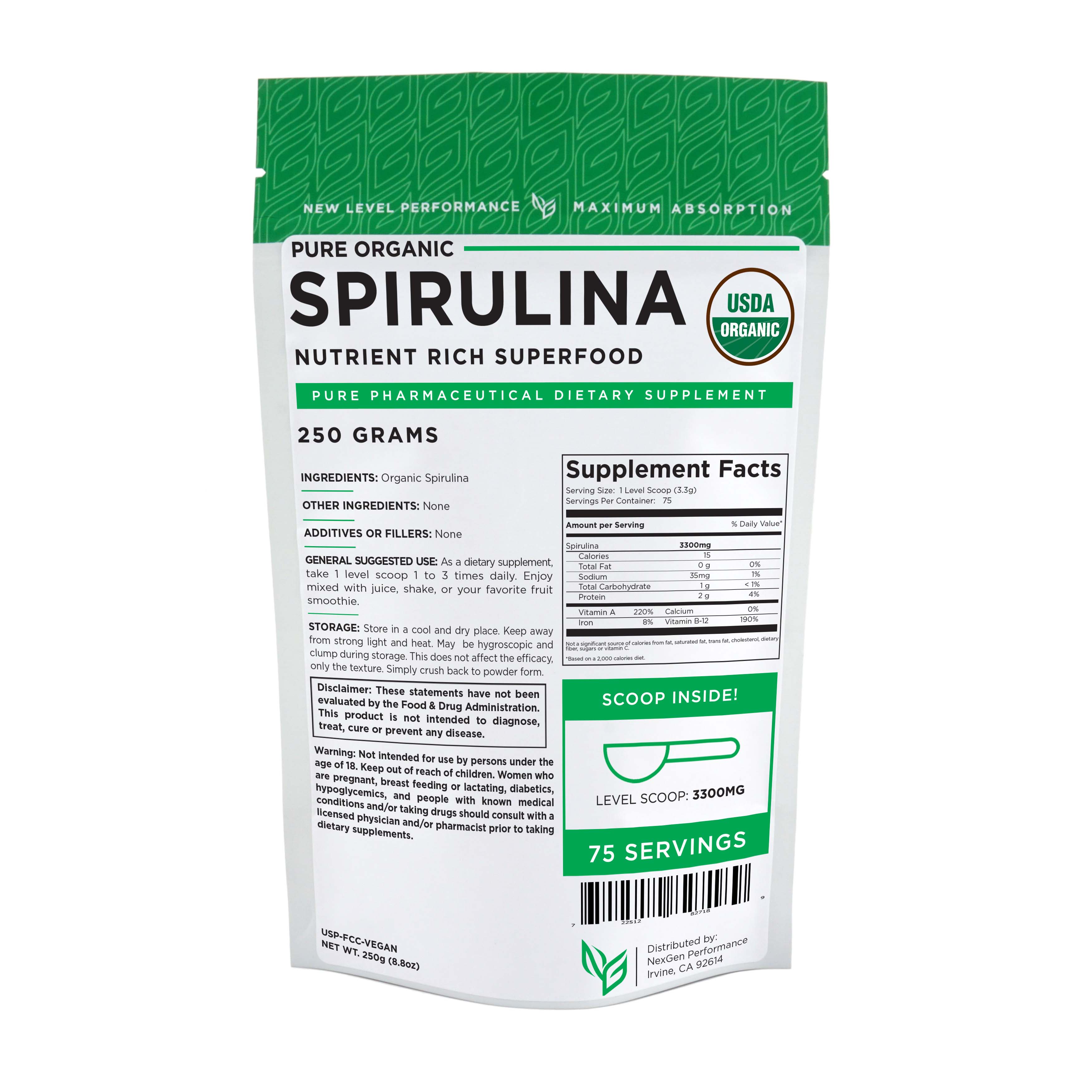 Spirulina USDA Powder 250g (8.8oz) Organic nonGMO Pure Energy