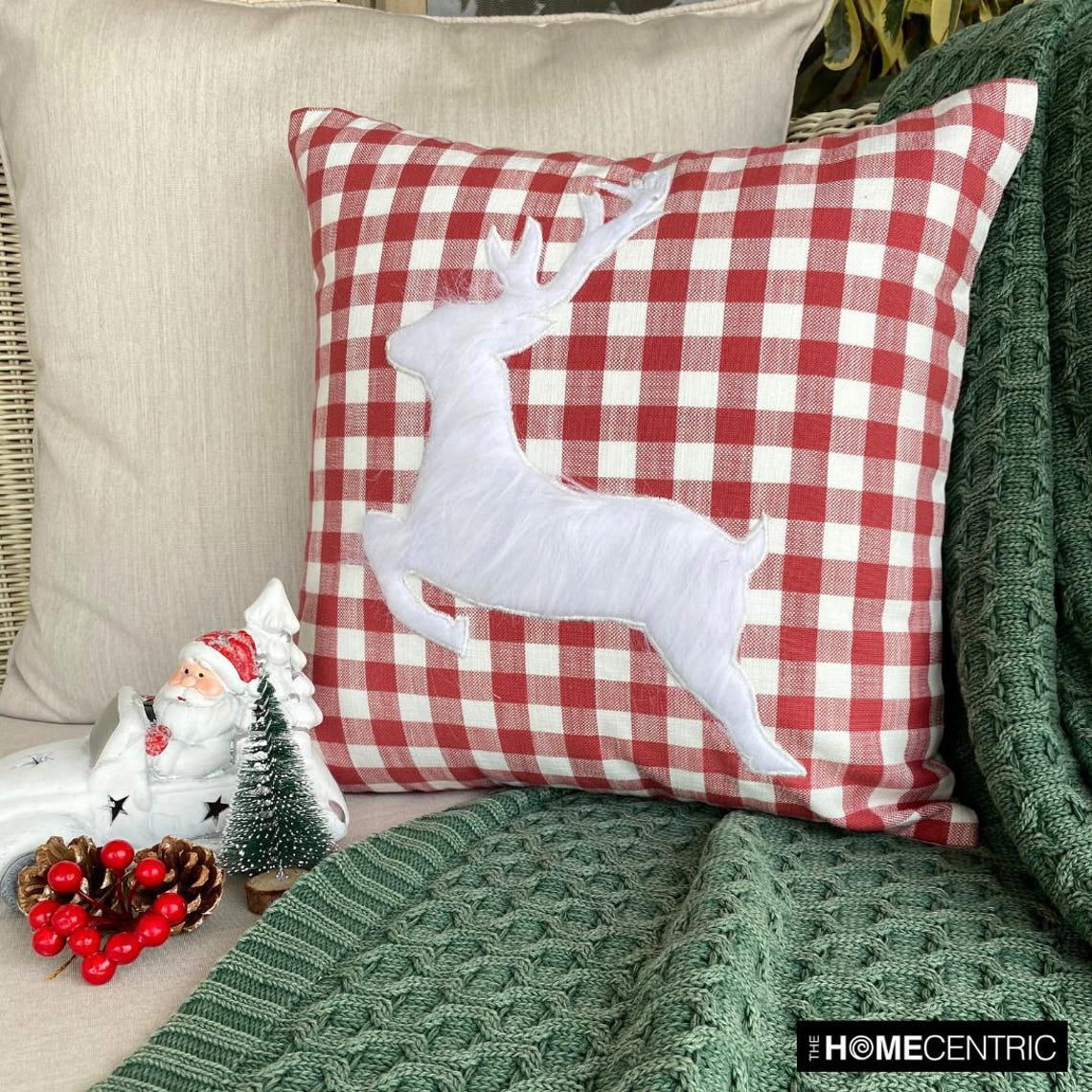 Holiday Throw Pillow cover, 26"x26" Red Cotton Pillow Cover, Country & Farmhouse Checkered Christmas Check Pillow Cover For Sofa Couch, Hotels, living Room, Bed Room - Furry Antlers