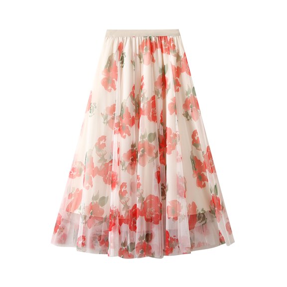 Michellecmm Women's Floral Print Midi Skirts Elegant High Waist Loose Tulle Skirts Vintage Summer Skirts