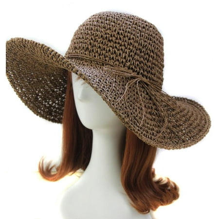 Women Floppy Straw Hat with Wide Brim Foldable Summer Beach Sun Hat, Coffee