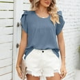 thumbnail image 4 of Camisa de manga de pétalo con cuello redondo para mujer, Top plisado básico informal de Color puro, ajuste holgado, para verano, 4 of 8