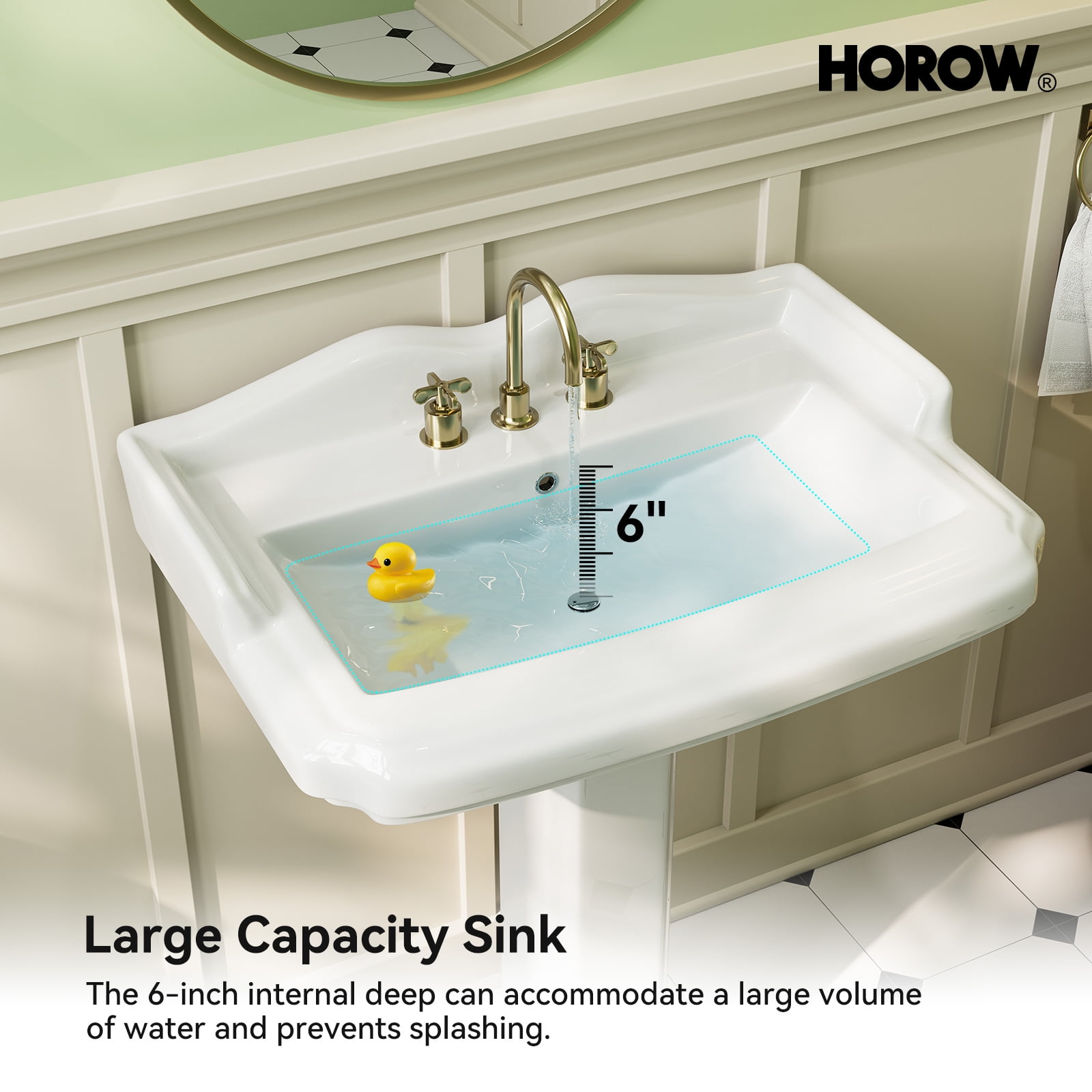 HOROW Bathroom Pedestal Sink, 23" W X 19" D Vintage Rectangular,with Overflow & 3 Pre-Drilled Holes